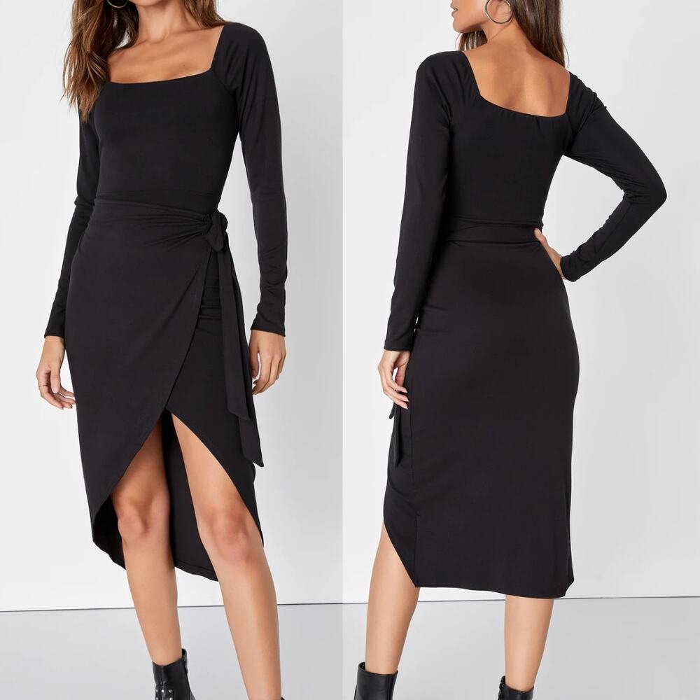 Lulu’s NWT Truly Timeless Black Long Sleeve Fitted Stretch Midi Wrap Party Dress